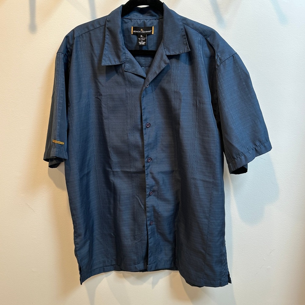 Stacy Adams Mens XL Blue Shaddow Weave Short Sleeve Button Down Camp Shirt XL